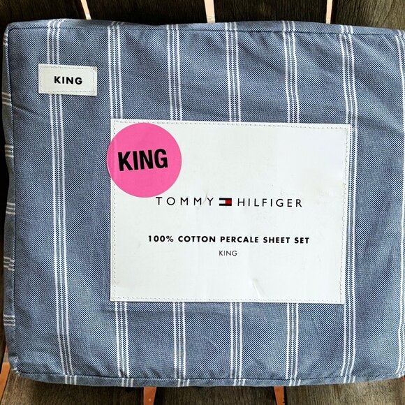 Tommy Hilfiger King Size BLUE DENIM STRIPE Cotton Sheet Set EFFORTLESS STRIPE - Picture 1 of 7